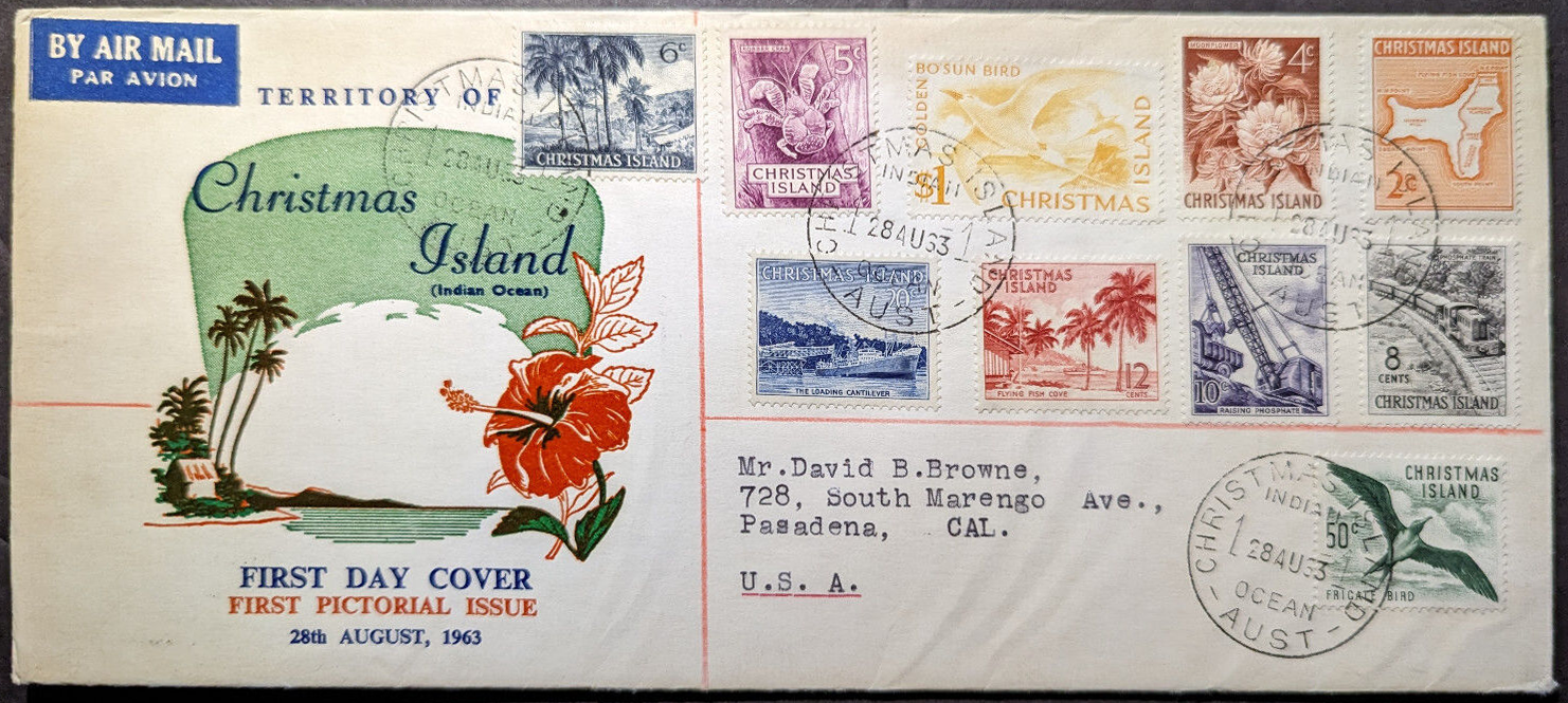 1963 Christmas Island Airmail First Day Cover FDC to Pasadena CA USA