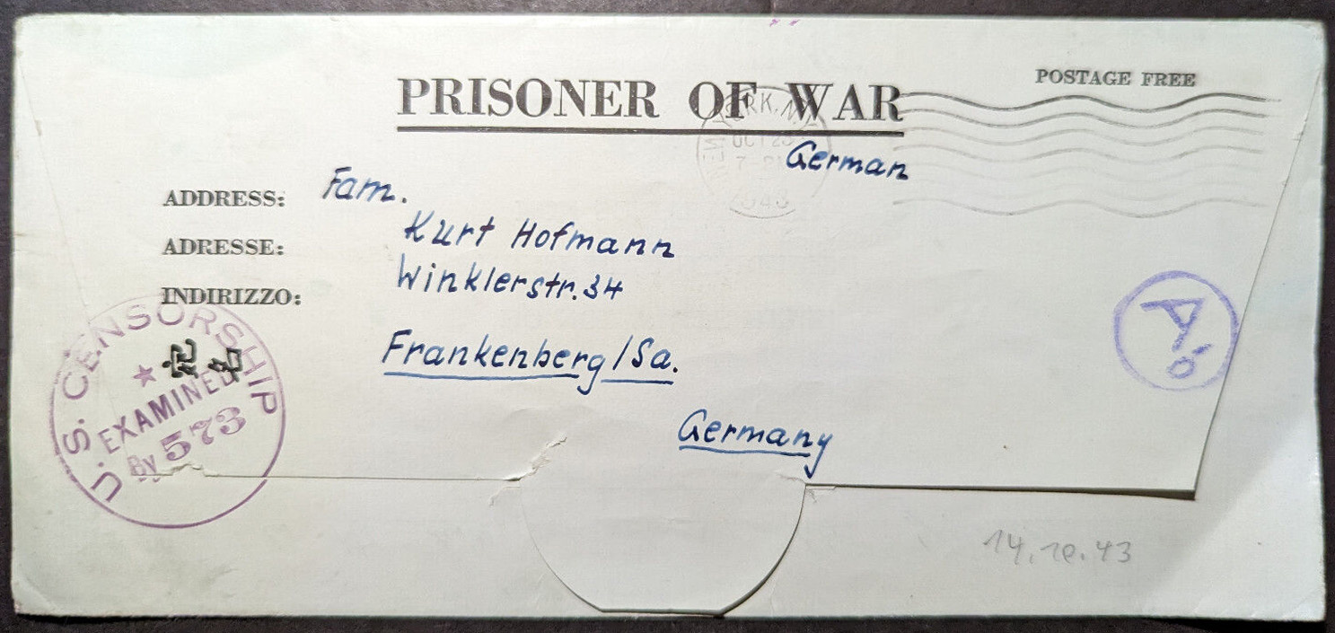 1943 USA Prisoner of War POW Cover Camp Gruber OK to Frankenberg Germany