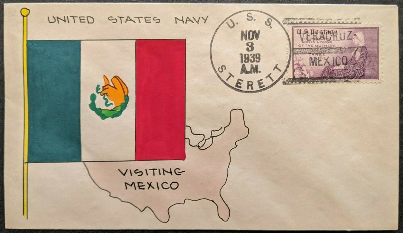 1939 Hand Painted USS Sterett Weigand Veracruz Mexico Naval Cover